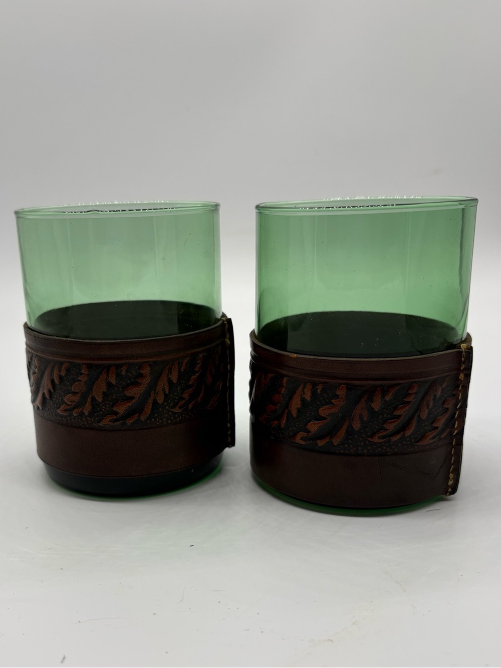 Handcrafted Green Glass Tumbler with Brown Leather Sleeve - Set of 2